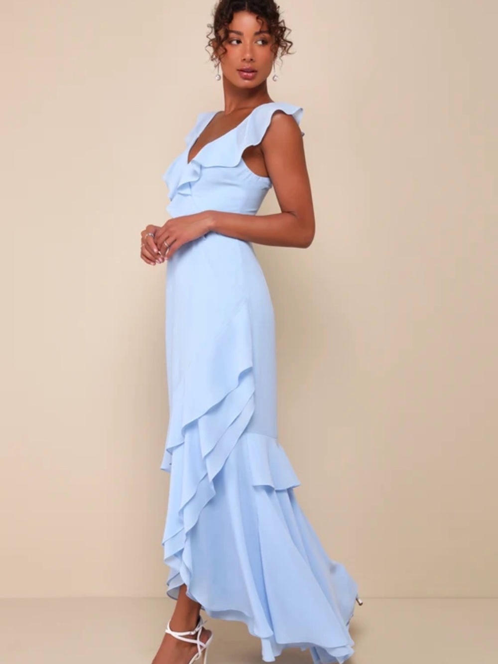 NWT lulus CHARMING EVENT Light Blue Asymmetrical Ruffle Maxi Dress Small - Picture 3 of 9